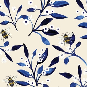 Watercolour Bees with Indigo Branches and White Flowers on  Off White