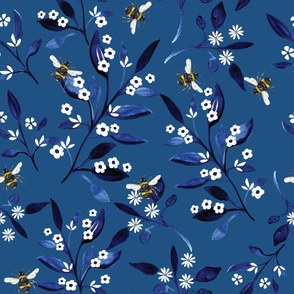 Watercolour Bees with Indigo Branches and White Flowers on Teal Blue