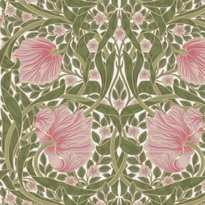 Pimpernel - LARGE 21"  - historic reconstructed damask wallpaper by William Morris - pink and spring green antiqued restored reconstruction  art nouveau art deco - linen effect