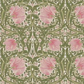 Pimpernel - MEDIUM 14"  - historic reconstructed damask wallpaper by William Morris - pink and spring green antiqued restored reconstruction  art nouveau art deco - linen effect