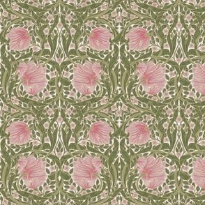 Pimpernel - SMALL"  - historic reconstructed damask wallpaper by William Morris - pink and spring green antiqued restored reconstruction  art nouveau art deco - linen effect