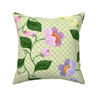 Multicolored Chintz Flower Stripe on Overlapping Sage Green Polka Dots