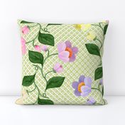 Multicolored Chintz Flower Stripe on Overlapping Sage Green Polka Dots
