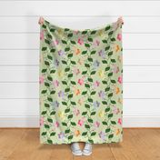 Multicolored Chintz Flower Stripe on Overlapping Sage Green Polka Dots