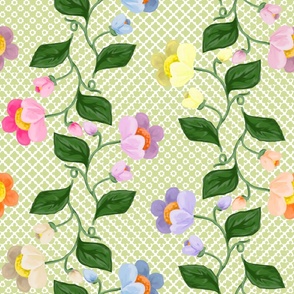 Multicolored Chintz Flower Stripe on Overlapping Sage Green Polka Dots