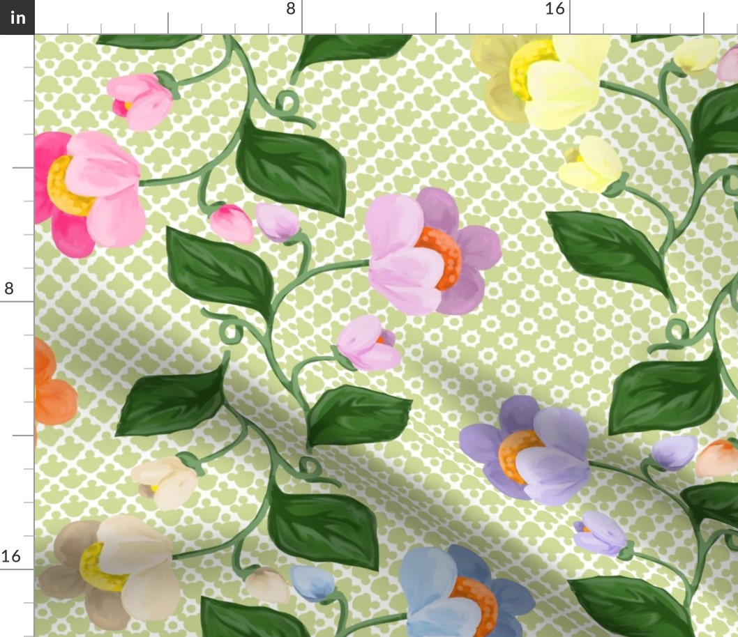 Multicolored Chintz Flower Stripe on Overlapping Sage Green Polka Dots