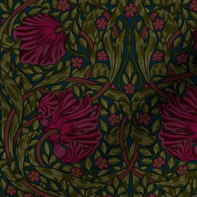 Pimpernel - Small 10"  - historical reconstructed damask moody floral wallpaper by William Morris - burgundy and sage dark green antiqued restored reconstruction  art nouveau art deco