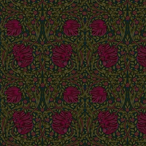 Pimpernel - Small 10"  - historical reconstructed damask moody floral wallpaper by William Morris - burgundy and sage dark green antiqued restored reconstruction  art nouveau art deco