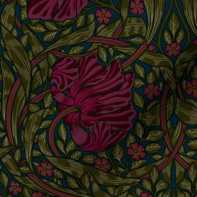 Pimpernel - MEDIUM 14"  - historical reconstructed damask moody floral wallpaper by William Morris - burgundy and sage dark green antiqued restored reconstruction  art nouveau art deco