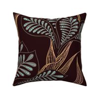 (L) Folk Irises with filigree detail on chocolate brown background