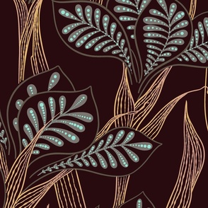 (L) Folk Irises with filigree detail on chocolate brown background