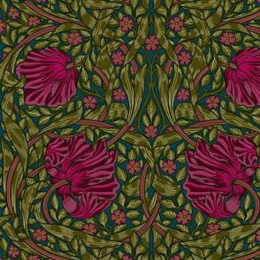 Pimpernel - LARGE 21"  - historical reconstructed damask moody floral wallpaper by William Morris - shiny burgundy and sage dark green antiqued restored reconstruction  art nouveau art deco - linen effect