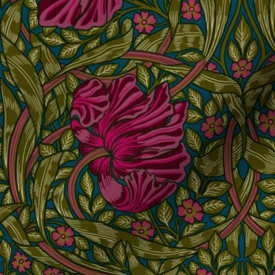 Pimpernel - MEDIUM 14“ historical reconstructed damask moody floral wallpaper by William Morris - shiny burgundy and sage dark green antiqued restored reconstruction  art nouveau art deco - linen effect