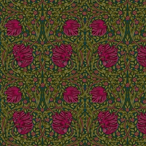 Pimpernel - Small 10“   - historical reconstructed damask moody floral wallpaper by William Morris - shiny burgundy and sage dark green antiqued restored reconstruction  art nouveau art deco - linen effect