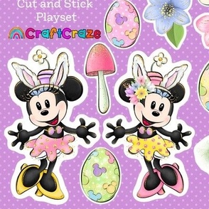 Easter Minnie Cut and Stick Playset for Peel and Stick Wallpaper Swatch Removeable Sticker Decals Spring Flowers Eggs Baskets Bunny Ears