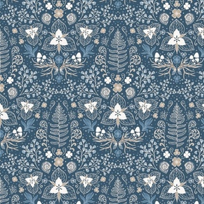 Wildwood flora.  Forest biome. Botanical damask  - Navy blue and sand-Medium scale