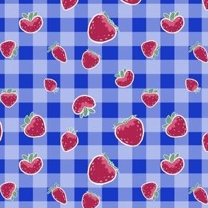 Small Scale Strawberry Picnic on Royal Blue Gingham Background