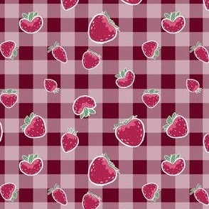 Small Scale Strawberry Picnic on Barn Red Gingham Background