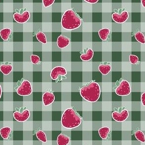 Small Scale Strawberry Picnic on Strawberry Leaf Green Gingham Background