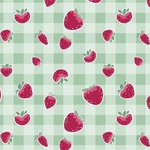 Small Scale Strawberry Picnic on Grass Green Gingham Background