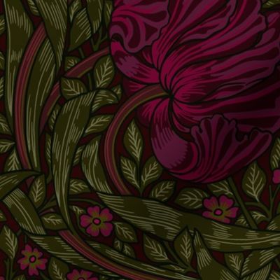 Pimpernel - LARGE 21"  - historical reconstructed damask moody floral wallpaper by William Morris -  burgundy and sage dark green antiqued restored reconstruction  art nouveau art deco
