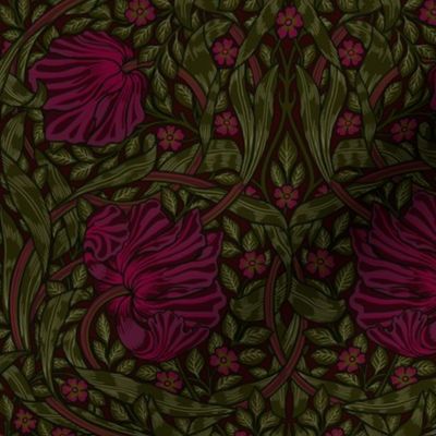 Pimpernel - SMALL 10"  - historical reconstructed damask moody floral wallpaper by William Morris -  burgundy and sage dark green antiqued restored reconstruction  art nouveau art deco