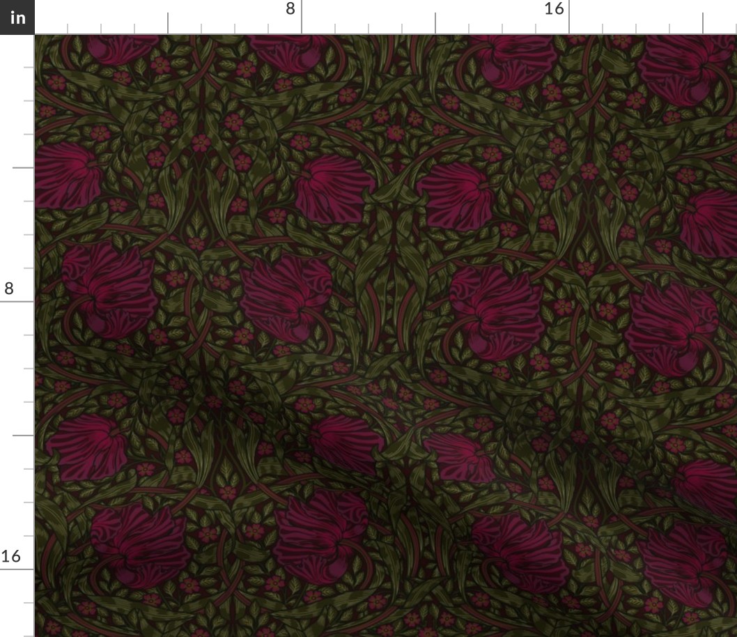 Pimpernel - SMALL 10"  - historical reconstructed damask moody floral wallpaper by William Morris -  burgundy and sage dark green antiqued restored reconstruction  art nouveau art deco