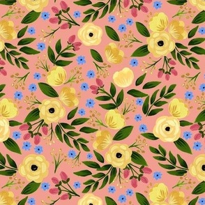 Allison Trailing Floral Peach, Yellow Flowers _Small Scale_ bloom wild design 