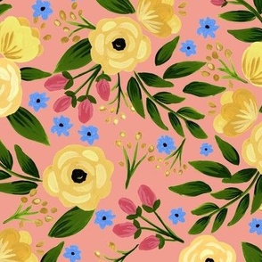 Allison Trailing Floral Yellow flowers_Peach background_ Medium Scale_bloom wild design