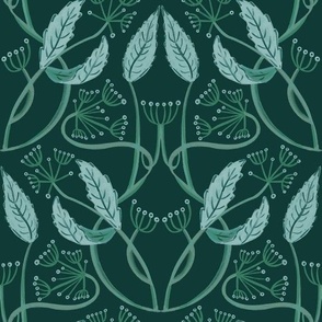 Seamless pattern, ornament with a fancy plant with leaves and berries on a dark green background