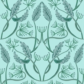 Seamless pattern, ornament with a fancy plant with leaves and berries on a mint background