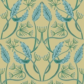 Seamless pattern, ornament with a fancy plant with leaves and berries on a yellow background