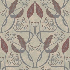 Seamless pattern, ornament with a fancy plant with leaves and berries on a gray textured background