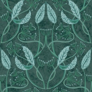 Seamless pattern, ornament with a fancy plant with leaves and berries on a dark green background