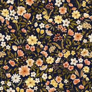 French Countryside Moody Floral in yellow and coral - navy blue background dark floral wallpaper