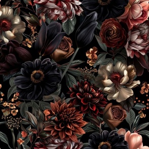 Dark Moody Romantic Florals, Silky, Creamy Off White, Plum, Red, Black, Charming, Gothic Vibe, Vintage Charm, Detailed Texture, Flowers, Nature Inspired
