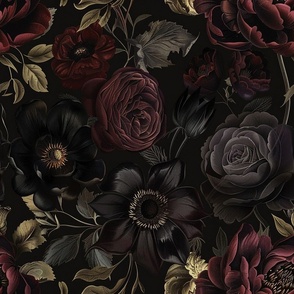 Dark Moody Romantic Florals, 18 Inch Red, Plum, Charming, Gothic Vibe, Vintage Charm, Detailed Texture, Flowers, Nature Inspired