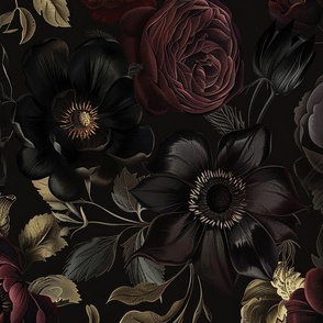 Dark Moody Romantic Florals, 24 Inch Red, Plum, Charming, Gothic Vibe, Vintage Charm, Detailed Texture, Flowers, Nature Inspired
