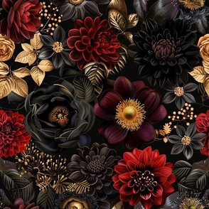 Dark Moody Romantic Florals, 18 Inch Red, Plum, Charming, Gothic Vibe, Vintage Charm, Detailed Texture, Flowers, Nature Inspired