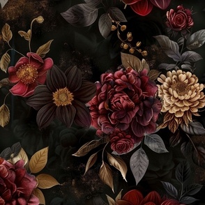 Dark Moody Romantic Florals, 24 Inch Red, Plum, Charming, Gothic Vibe, Vintage Charm, Detailed Texture, Flowers, Nature Inspired