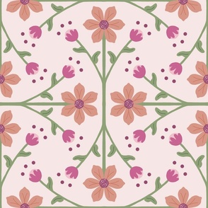 Orange and Pink Flowers on Blush Pink Background, Simple Floral Print - Large