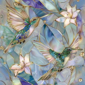 Watercolor Stained Glass Hummingbirds in Misty Blue Colors