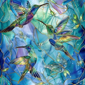Watercolor Stained Glass Hummingbirds in Bright Blue / Teal Colors