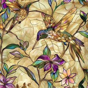 Watercolor Stained Glass Hummingbirds in Beige Colors