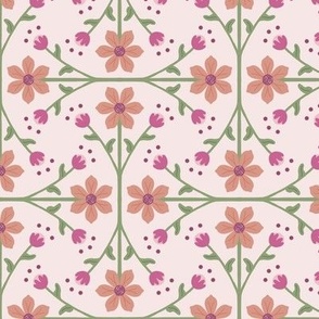   Orange and Pink Flowers on Blush Pink Background, Simple Floral Print - Small