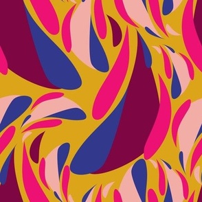 plum, blue and pink retro shapes on mustard green background 