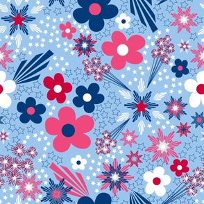 Large Fourth of July Floral and stars on light old glory blue, USA patriotic, red, white, and blue