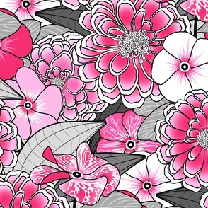 Outlined Zinnias and Impatiens // Magenta, Fuchsia, Pink, Black White, Gray // Large Scale - 429 DPI