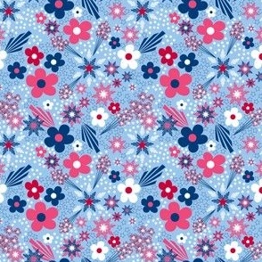 Mini Fourth of July Floral and stars on light old glory blue, USA patriotic, red, white, and blue