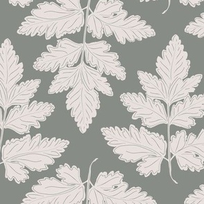 Large scale - Wild Leaves in Cream on Sage Green background 